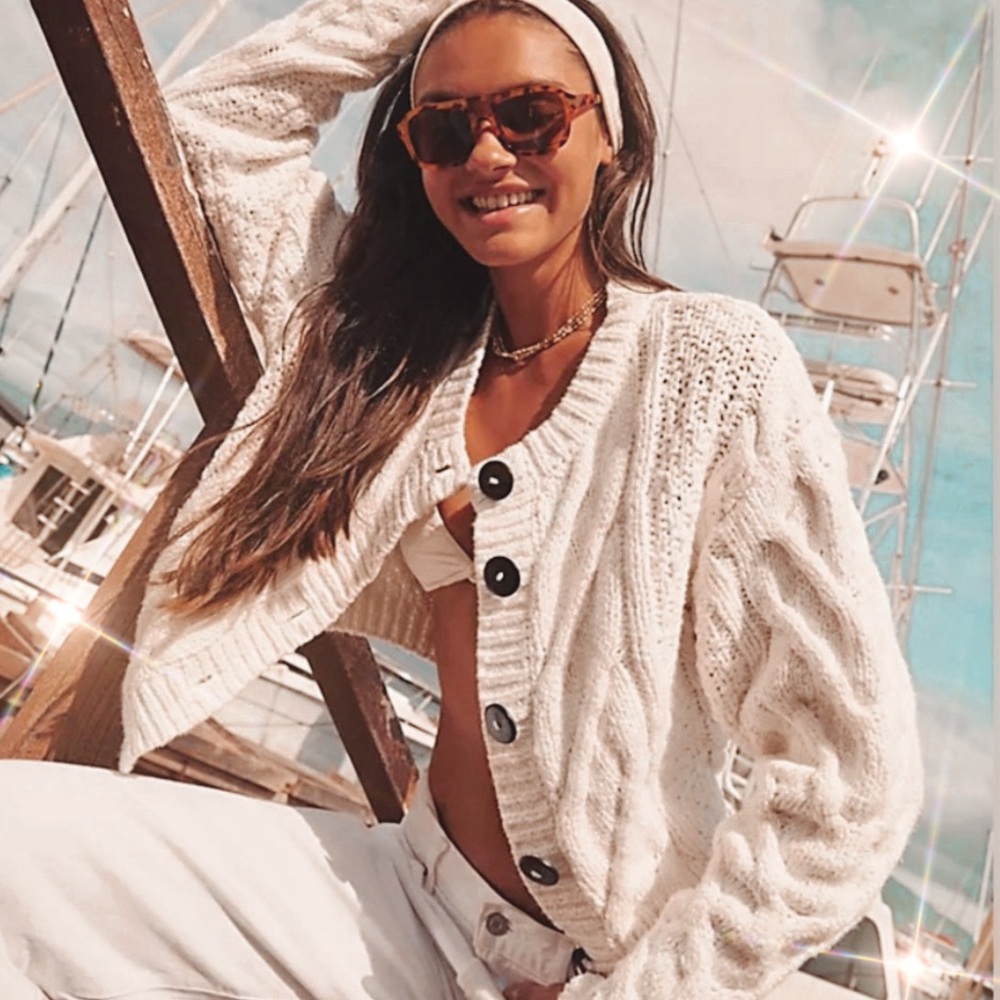 Free People White Cable Knit Cardigan
